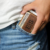 Slim Personalized Leather RFID Wallet, Money Clip Leather Wallet, Engraved Money Clip RFID Slim Wallet, Engraved Leather Custom Wallet, 5 Card Slots, Anniversary Gift For Him, Husband, Boyfriend, Men, Father, Dad, light brown, dark brown